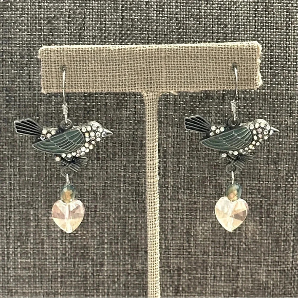 Hand Crafted Jewelry - Handmade Green & Crystal Birds w/ Pink Glass Heart Dangle Earrings